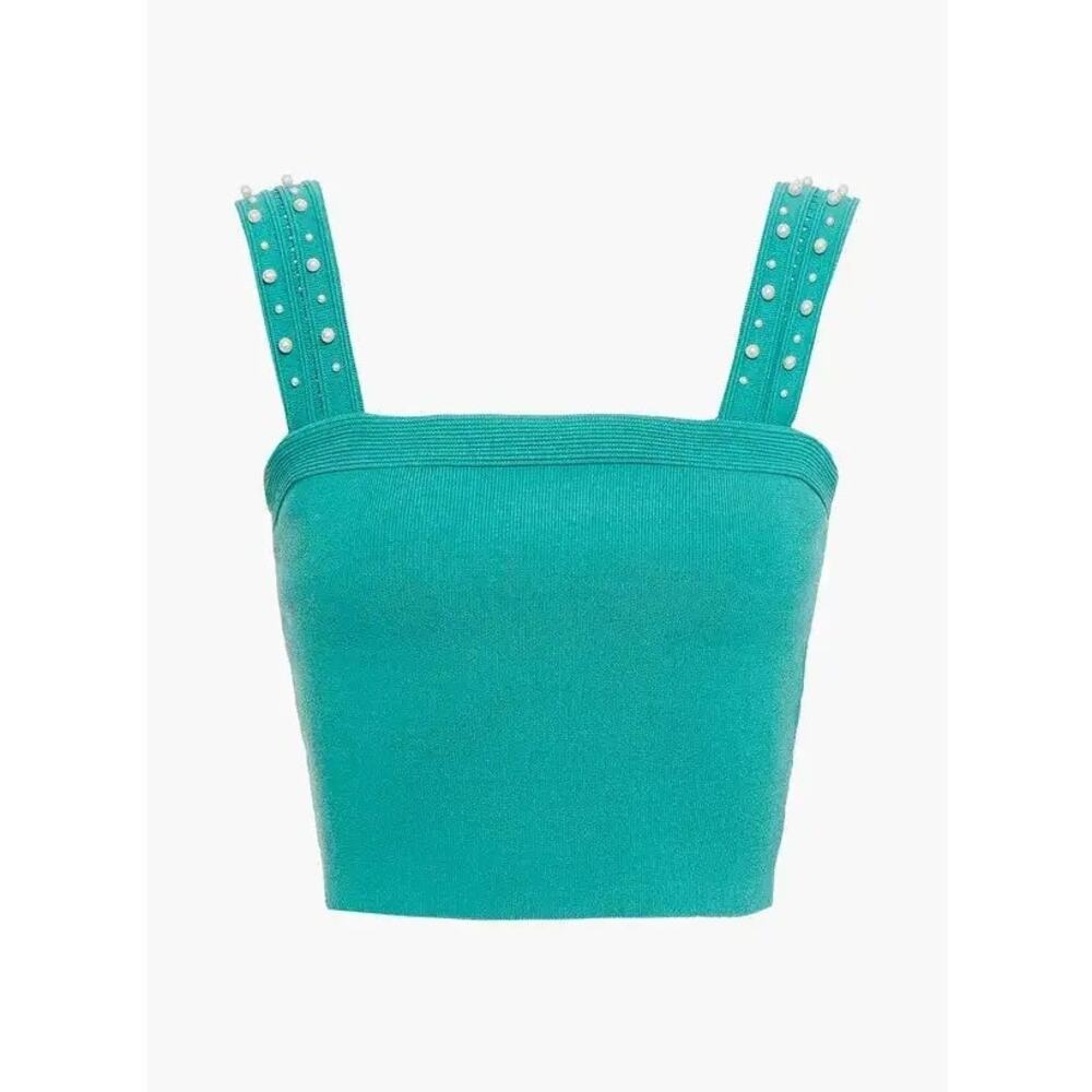 Sandro Omel Faux-Pearl Embellished Ponte Crop Teal Blue Green Size 3 (US 8)